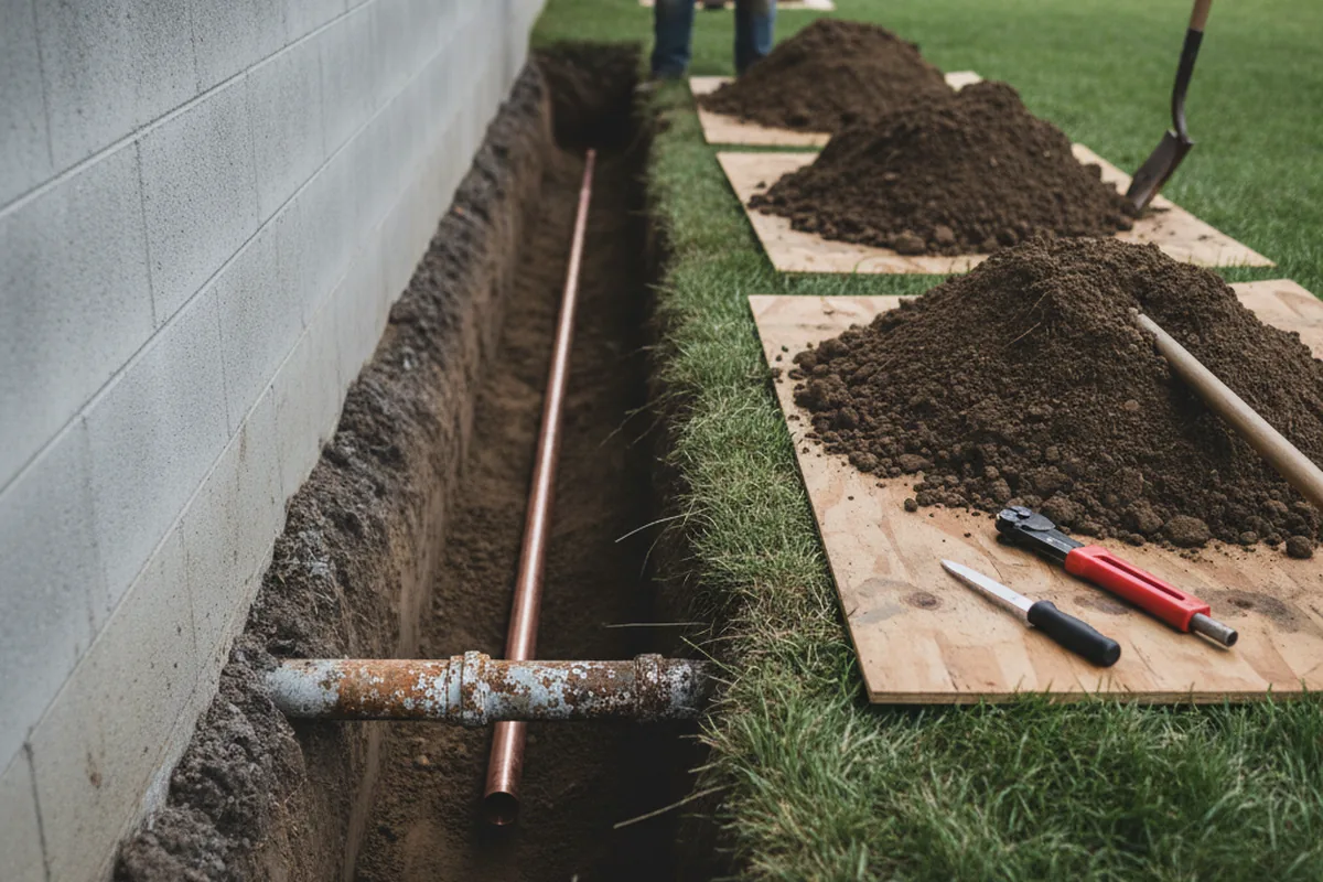 Excavated water line trench during Water Softener Installation in Peculiar